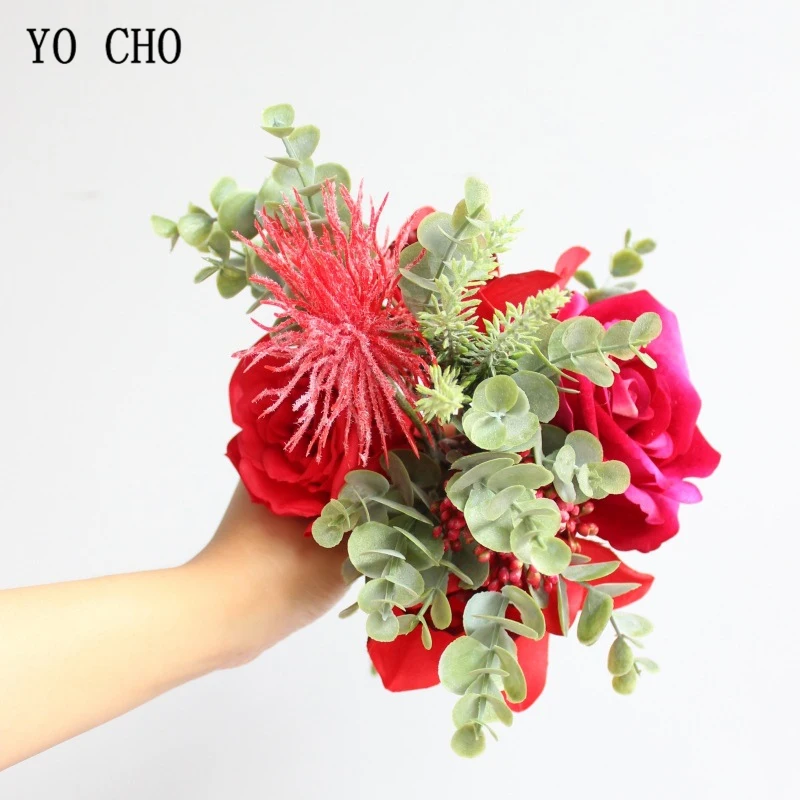 Йо Чо красные розы Лаванда Искусственные цветы Свадебный букет шелковых цветок искусственный букет Рождество украшение дома Свадебные цветы