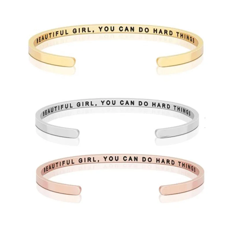 

4mm Woman Bracelet Inspirational Engraved Cuff Bangles "Beautiful Girl,You Can Do Hard Things"Stainless Steel Daily Friend Gift