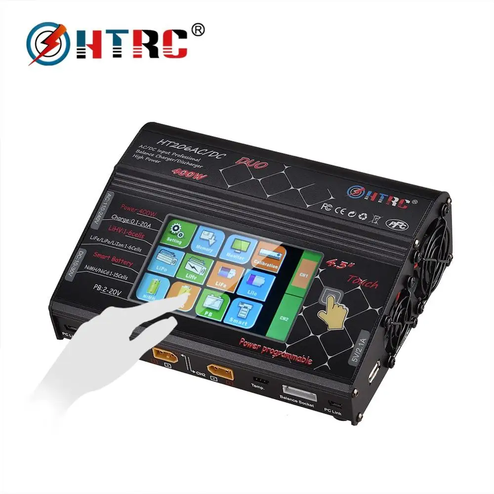 HTRC HT206 RC 충전기 AC/DC 듀오 400W 40A 듀얼 포트 밸런스 Lipo 충전기 LCD 터치 스크린 Lilon/LiPo/LiFe/LiHV 배터리 방전기