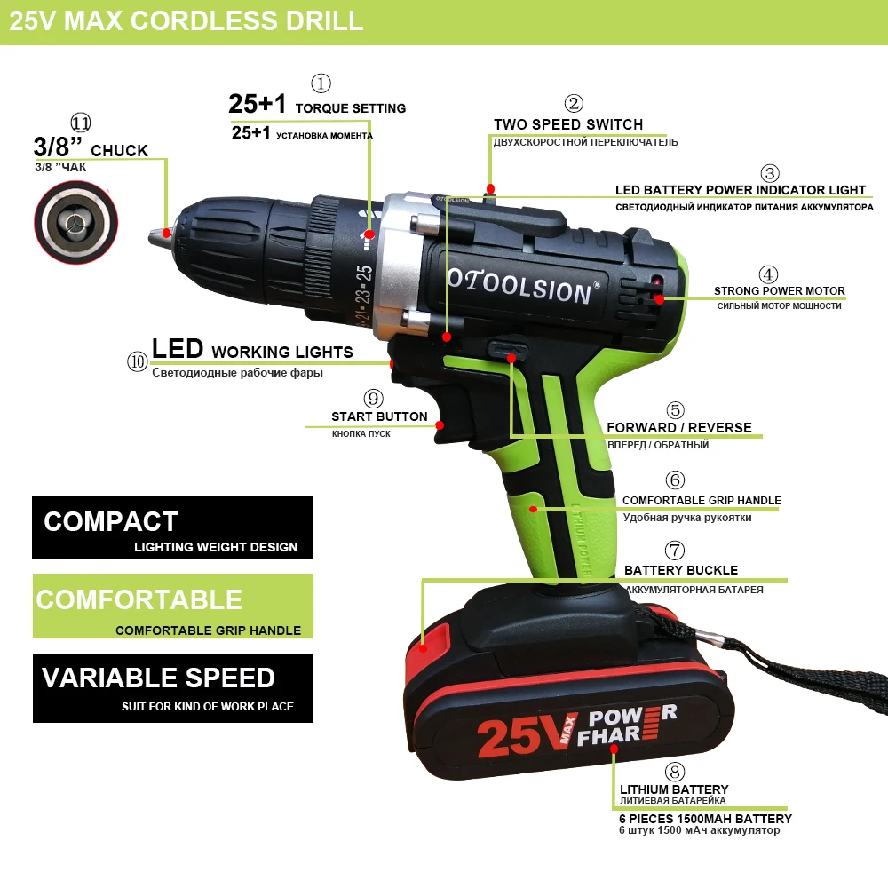 1500 Mah Electric Drill 48 N.m 25V Cordless Screwdriver Cordless Drill Electric Screwdriver With Drill Bits Set 25+1 Sc (3)