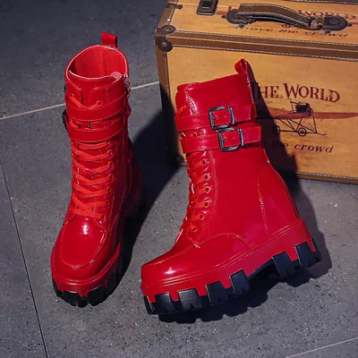 Женские ботинки до середины икры модная обувь для девушек из лакированной кожи ярких цветов г. Осенне-зимние женские ботинки на высоком каблуке, зимняя обувь - Цвет: Red