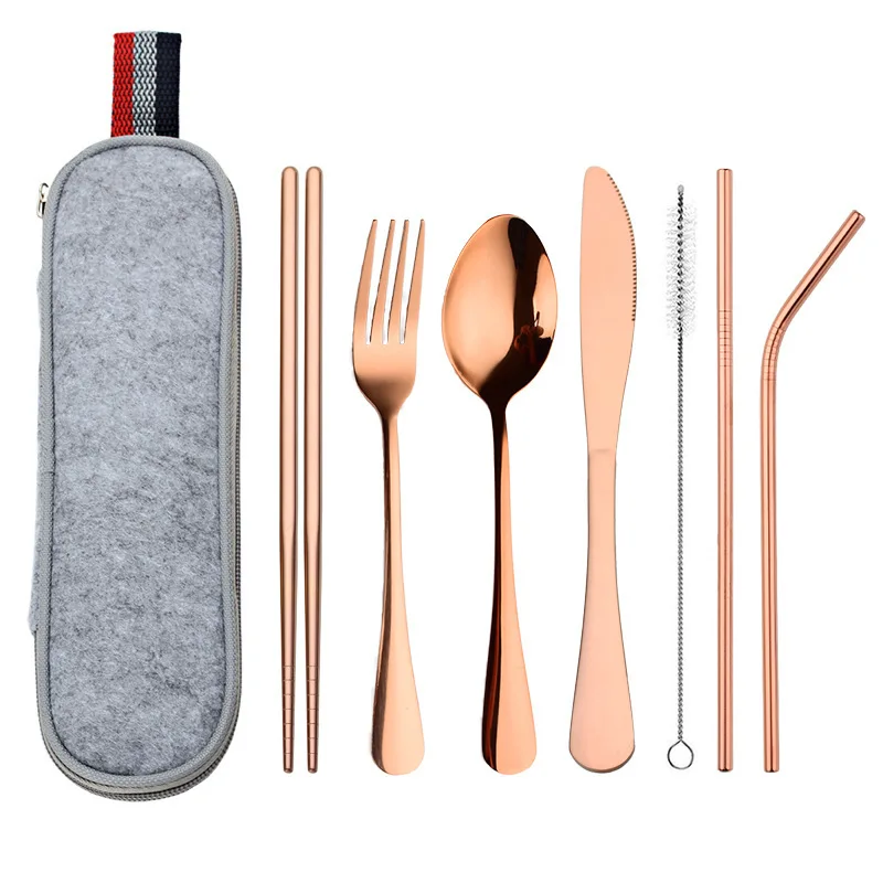 Набор посуды для путешествий, кемпинга, набор столовых приборов, многоразовая посуда из серебра, металлическая соломинка, нож, ложка, вилка, палочки для еды и портативный чехол - Цвет: Rose