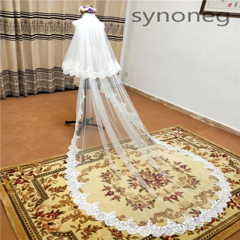 cathedral wedding veil voile de mariee  Lace  Long Wedding Veils Ivory White One layers Tulle wedding accessories