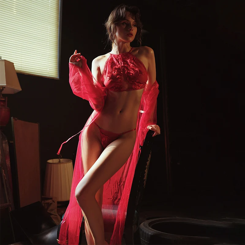 

New red sexy Tethered Embroidered bra + T Pants + long Robe young girl Perspective nightgown 3 Piece Set