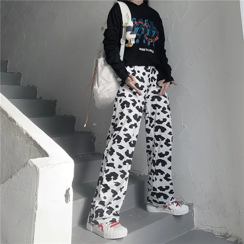 

Cow Print Pants Women Korean Style Milk Cow Print Wide Leg Pants Harajuku Trousers Autumn Korean Clothes Streetwear Women