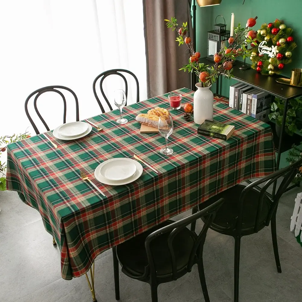 

New Year Christmas Tablecloth Retro Plaid Cotton Linen Fabric Nordic Household Rectangular Banquet Printed Party