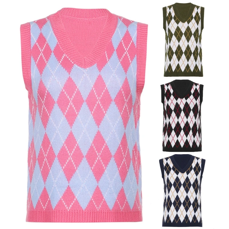 

Women Preppy Style V-Neck Knitted Vest Argyle Plaid Pullover Sweater Tank Top