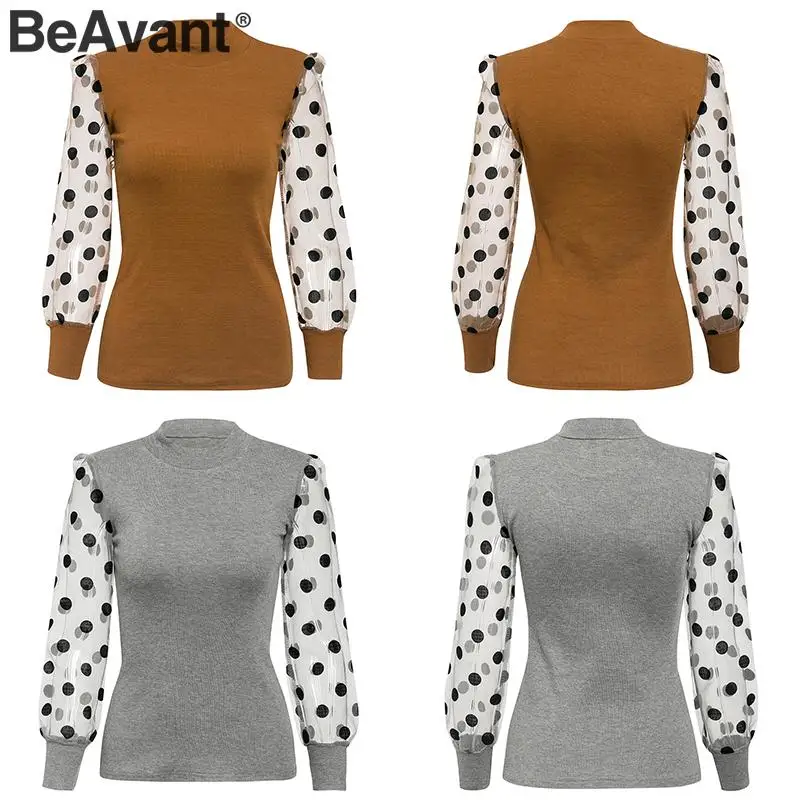 BeAvant, Лоскутная, в горошек, трикотажная блузка, для женщин, элегантная, осень, зима, женские топы, рубашка, вечерние, для клуба, тонкая, с пышными рукавами, женские топы