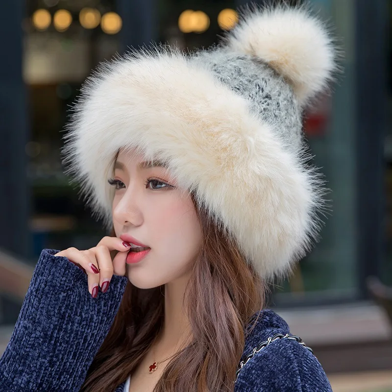 Новая стильная женская Пушистая Шапка, вязаные шапочки, зимние лыжные шапочки, ткачество, Монгольская шапка для улицы, SD669