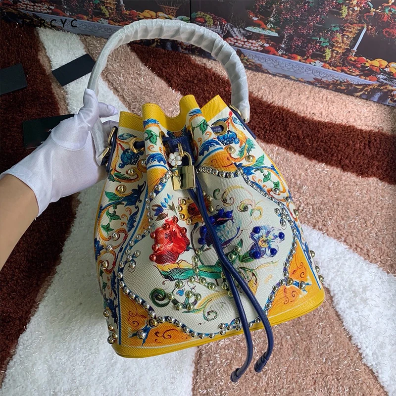 

Luxury Brand Ethnic Style Bucket Bag Genuine Cow Leather Shoulder Bags Women Famous Designer Flowers Printed Bags Sac Crossbody