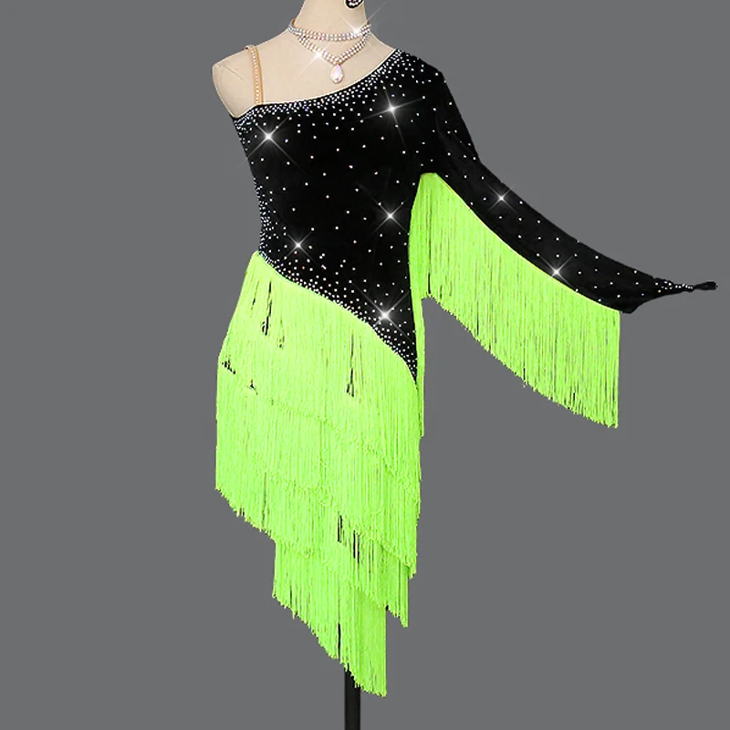Latin Dance Dress New Fluorescent Green Tassels Autumn Dress Women Dance Competition Costume Rhinestones Dresses