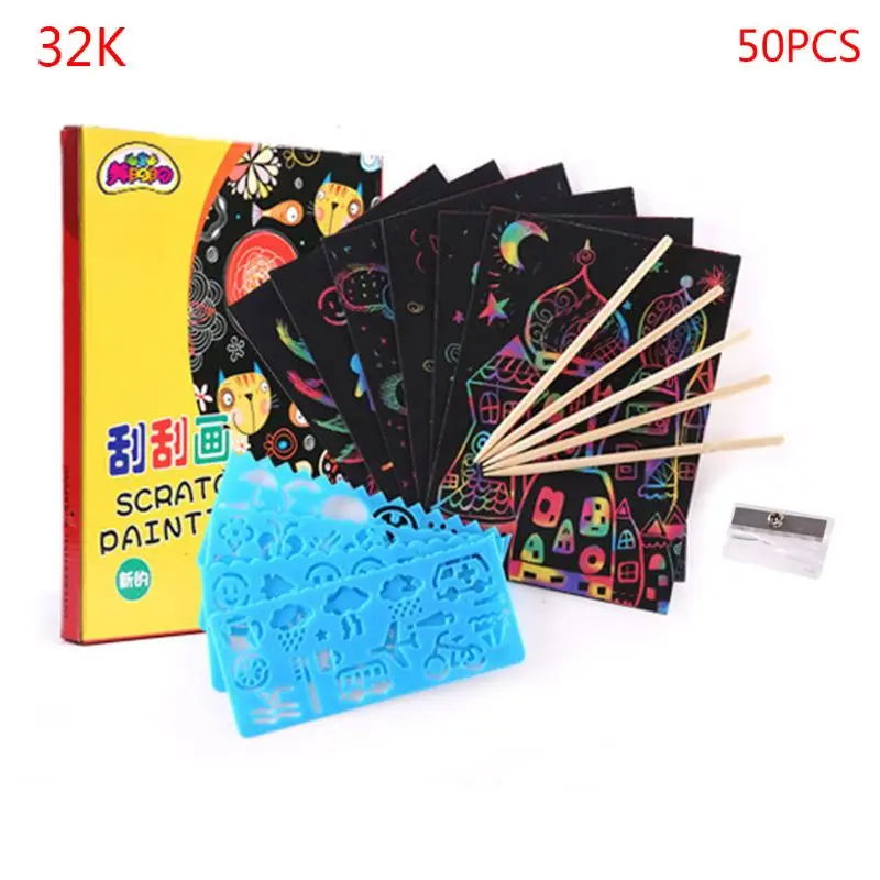 

Popular 50 Sheets Scratch Art Crafts for Kids Black Paper Magic Rainbow Painting Boards Gift for Children Kids Girls Boys