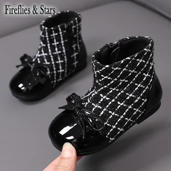 

Autumn Winter Girls Boots Kids Ankle Boots For Children Low Cut Shoes New Fashion Warm Velvet Grid Suede Bow Patch 2 To 7 Yrs