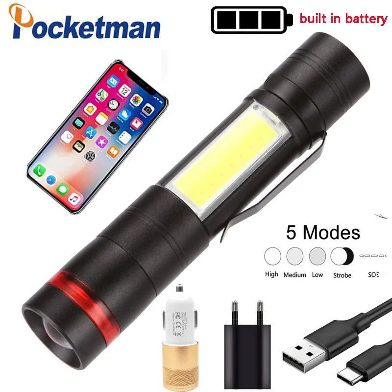 

Portable 4000 Lumen Led Flashlight Built in Battery Taclical Torch Q5/T6 Bicycle COB Side Light 5 Lighting modes Waterproof