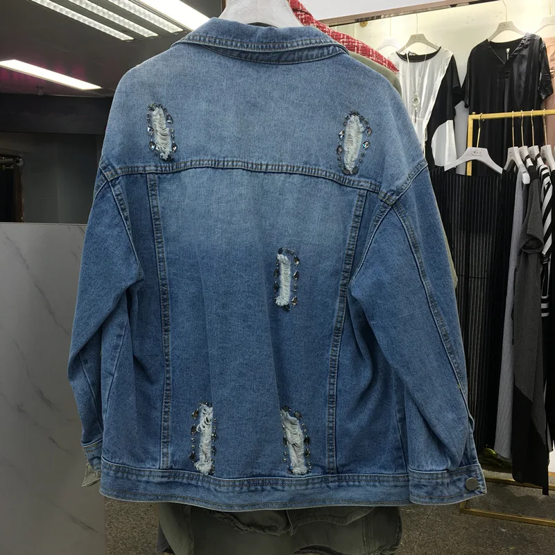 

2019 Spring New Style Jeans Coat Industrial Frayed Beads Fashion Long Sleeve Jacket Women's Korean-style Cowboy Fashion