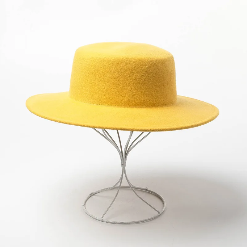 Высококачественные круглые плоские верхние шерстяные шляпы Fedora для женщин дамы широкие полями сплошной цвет вечерние шляпка для официальных мероприятий войлока Gambler cap
