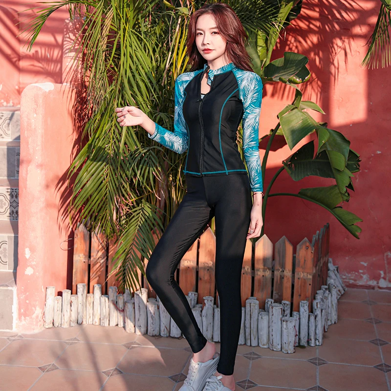 Long Sleeve Rash Guard Women Print 5 Piece Swimsuit Zipper Swimwear with skirt Bathing Suits Black Surfing Suits Pad Long Pant