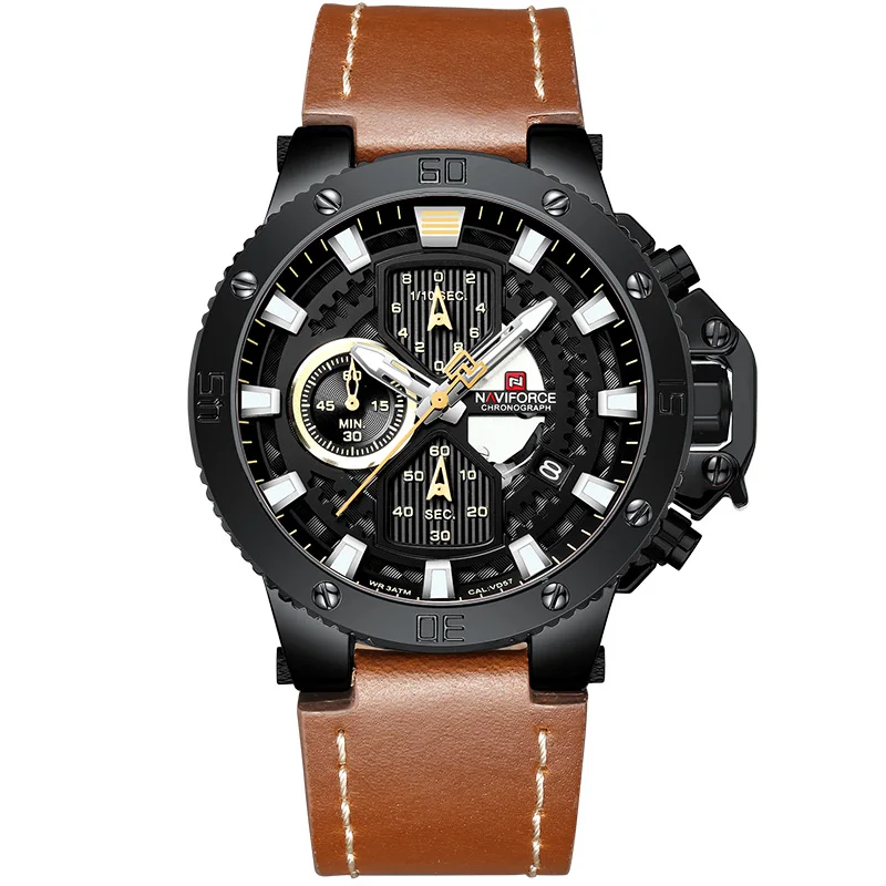 Мужские s часы Топ люксовый бренд NAVIFORCE новые мужские спортивные кварцевые часы хронограф Мужские Водонепроницаемые кожаные военные наручные часы - Цвет: Black  Yellow