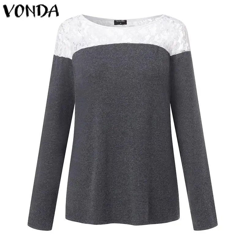 VONDA, женские сексуальные хлопковые рубашки с круглым вырезом и длинным рукавом, женские кружевные лоскутные топы и блузки размера плюс, Осенние богемные блузы, S-5XL - Цвет: Серый