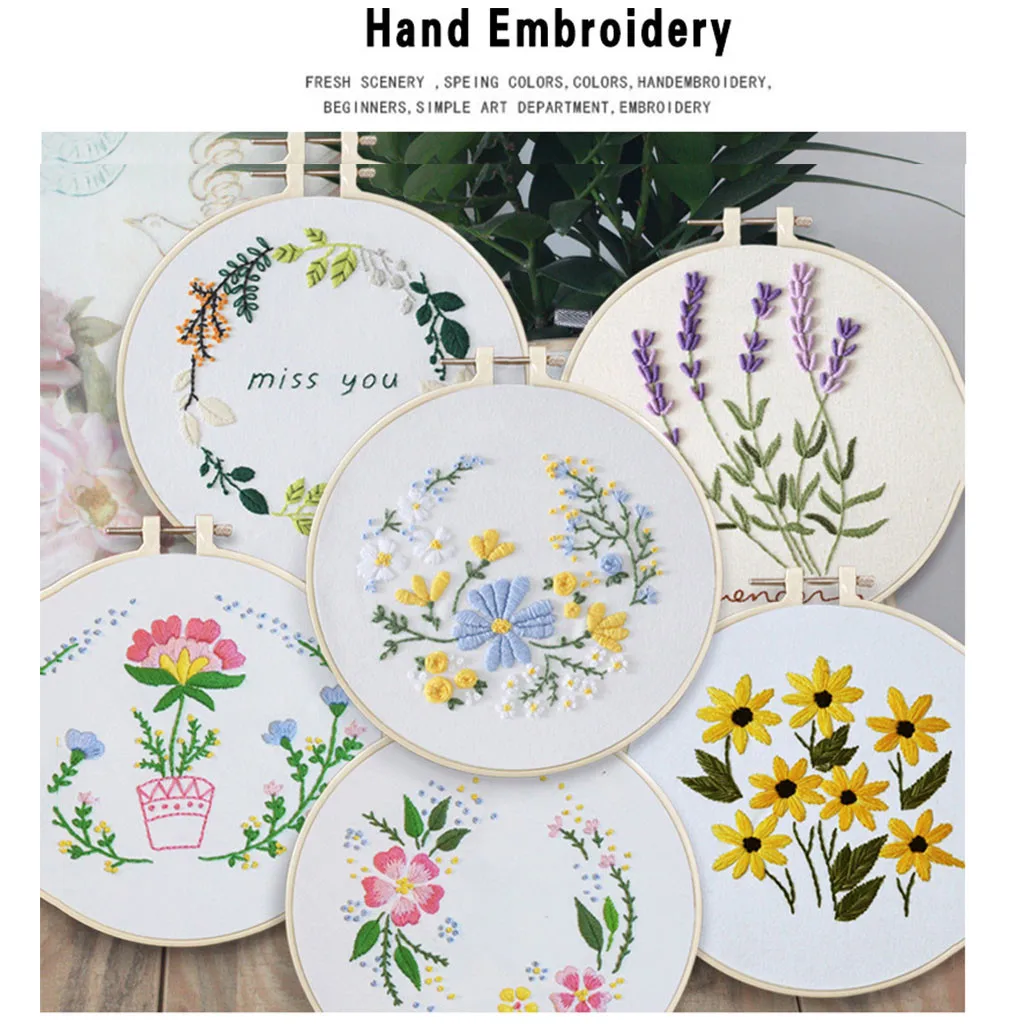 Europe Diy Flower Embroidery Kit With Hoop For Beginner Needlework Kits Cross Stitch Sewing Art
