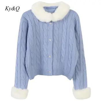 

Runway 2019 Winter Women Detachable Fur Neck Jacquard Embroidery Long-sleeved Slim Short Cardigan Cute Luxury Christmas Sweater