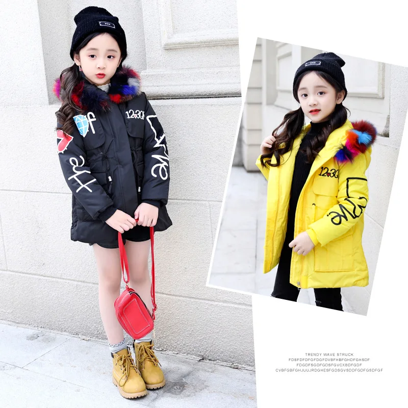 

2019 New Style Korean-style Cotton-padded Children Clothes Girls Winter Color Fur Collar Cotton-padded Jacket Big Boy Children L
