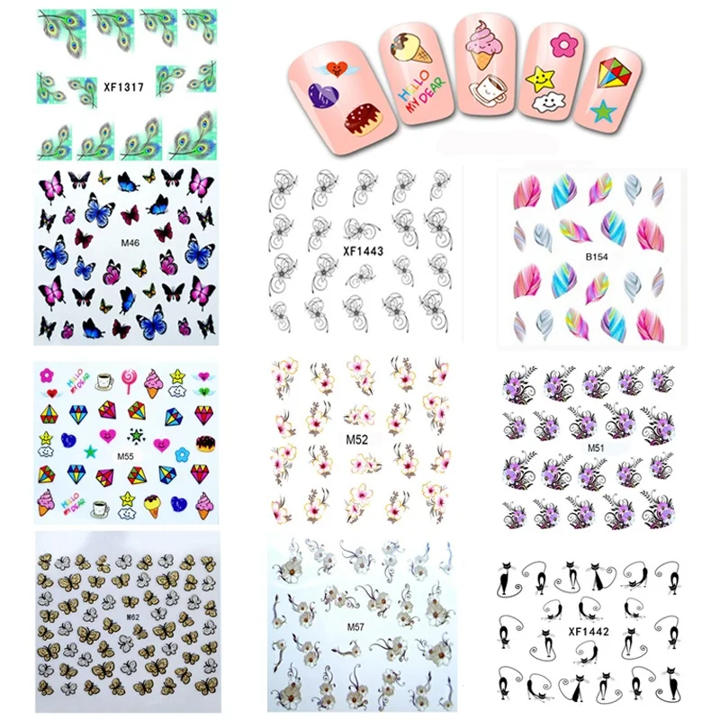 

5pcs/Set Mixed Design Nail Art Sticker Set Gold Silver Glitter Flower Animal Water Decal Slider Nail Art Decorations Manicure