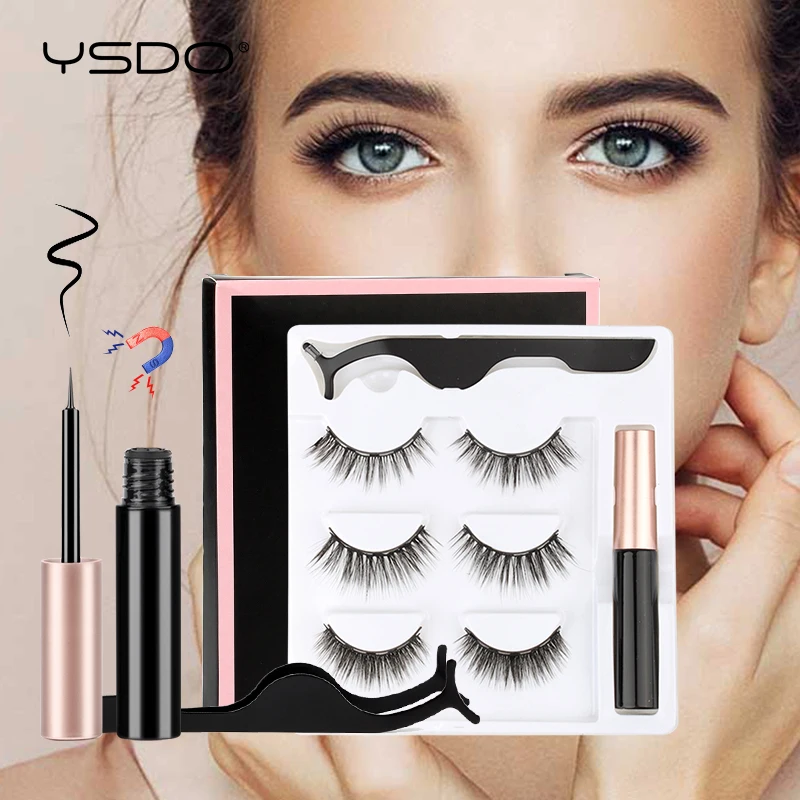 Magnetic Natural False 3D Mink Repeated Use Waterproof Liquid Eyeliner With Tweezer Makeup Set fake eyelashes