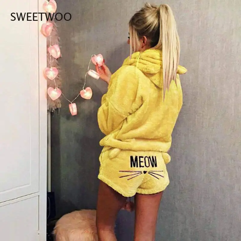 Women's Pajamas Set Winter Sleepwear Pajamas Warm Hooded Flannel Pajamas Hoodie Shorts Set Christmas Female Home Sexy Women