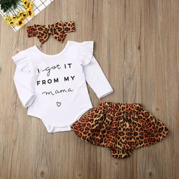

3Pcs Leopard Print Skirt Baby Girl Clothes Toddler Baby Girl White Letters Bodysuit Skirt Headband Outfits Clothing Set