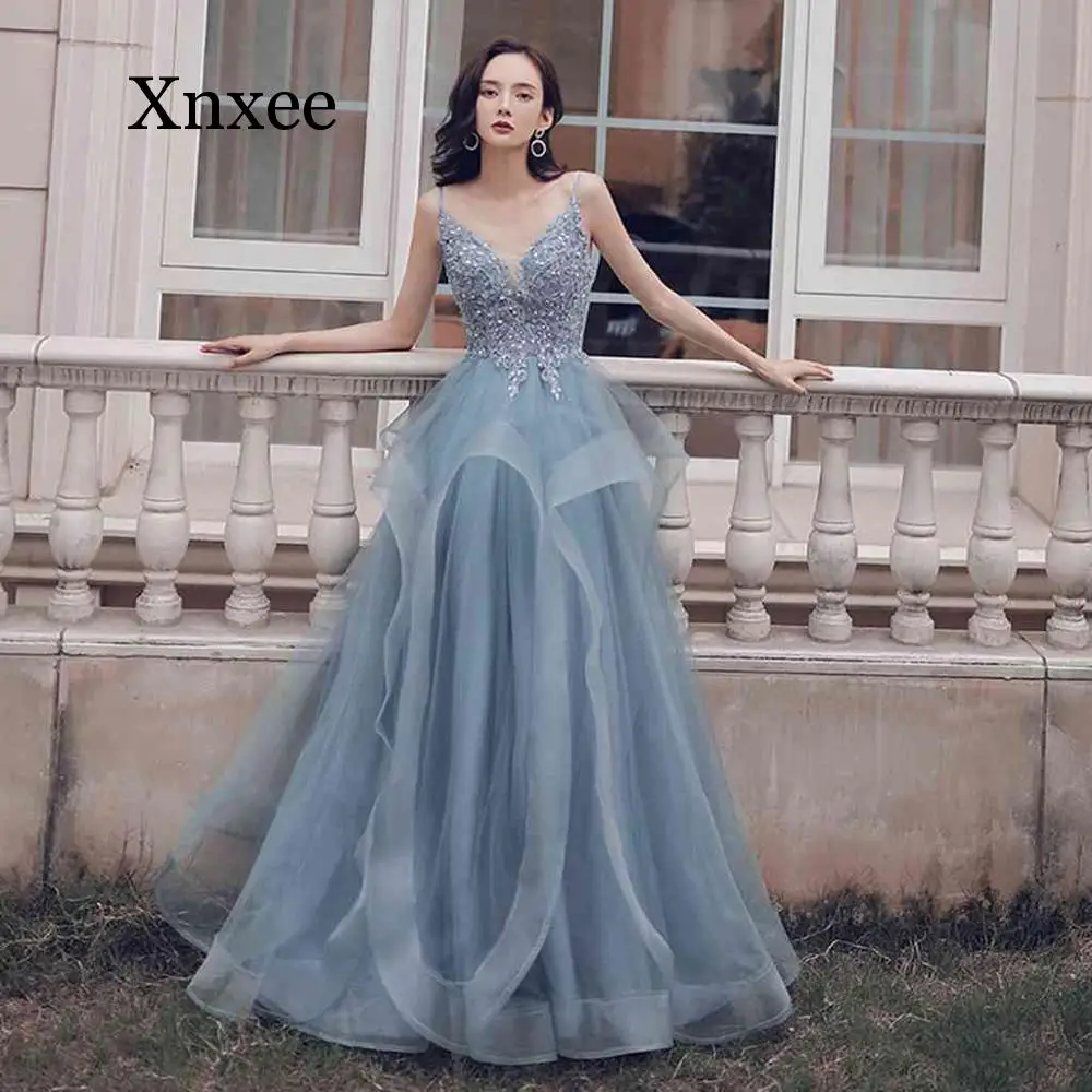 

2019 New Long Spaghetti Straps Sequins Party Dresses Applique Ball Backless Plus Size Dresses