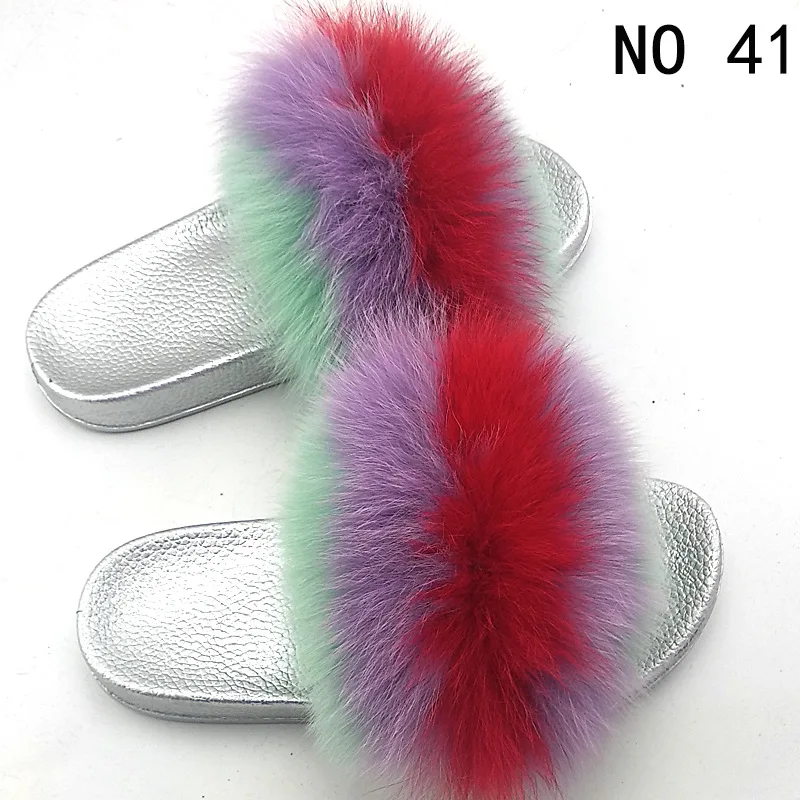 Summer Women's Real Furry Fox Fur Slippers Fashion Simple And Elegant Cute Silver Home Interior Protective Fur Slippers
