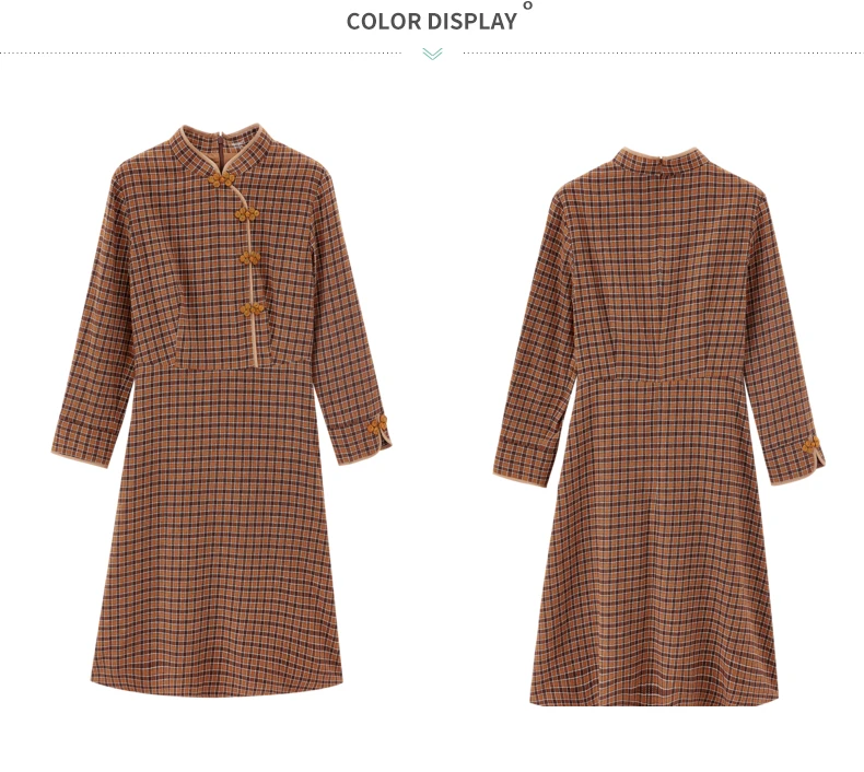 INMAN 2020 Autumn Winter New Arrival Plaid Dress Retro Cotton Buckle Collar Three-quarter Sleeve Dress