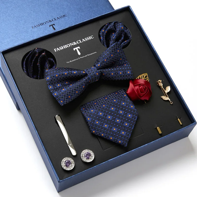 Brand 100% Silk Men's Tie Set Neck Tie pocket square Luxury Gift Box Silk Tie Necktie Set 8pcs Inside Packing Festive Present Cravat Pocket Squares
