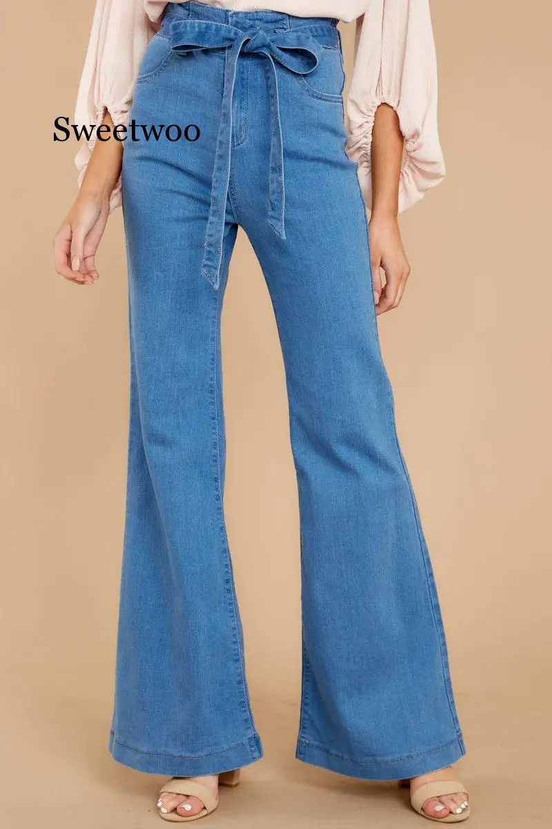 blue Tie Waist Flare Jeans Women Slim Denim Trousers 2020 spring High Waist Pants Belted Stretchy wide leg jeans