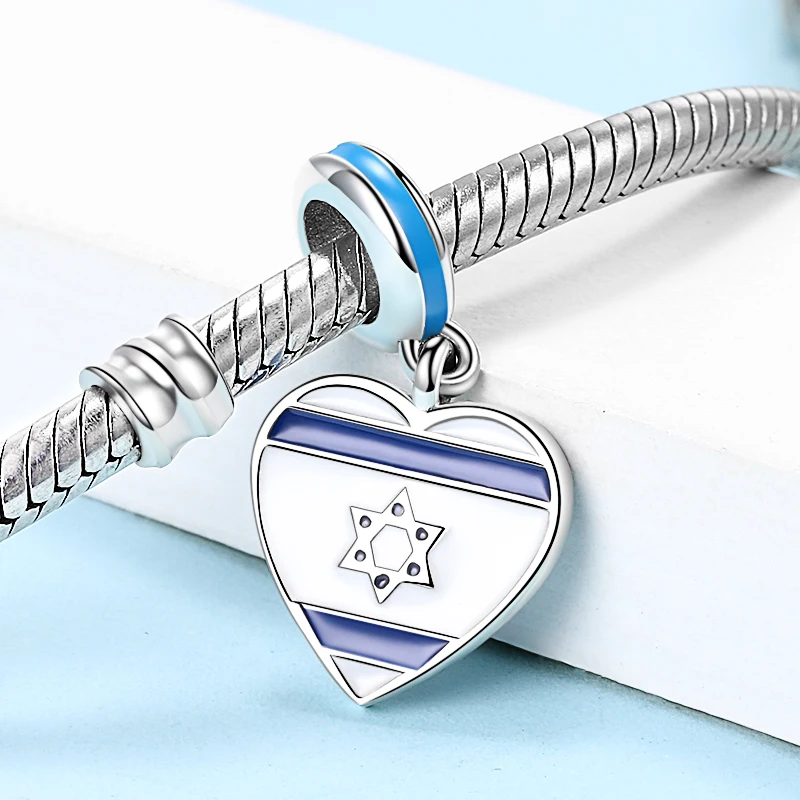 Xiaojing 925 Sterling Silver Heart Israel Flag Star of David Beads Charms for Women Fit Original European Bracelets Jewelry Gift 3