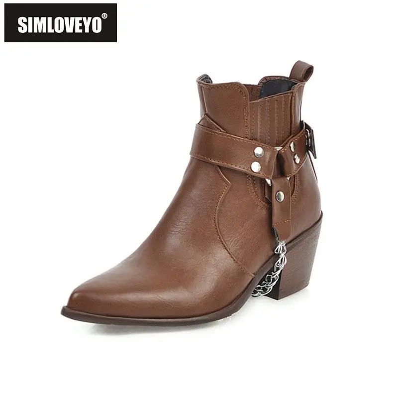 

SIMLOVEYO Pointed Toe Faux Leather Warm Plush Buckle Chain Square Thcik Toe Ankle Casual Boots Big Size 33-48 Black Brown