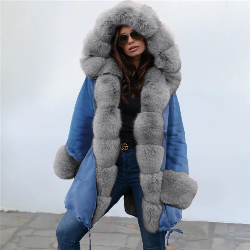 Winter big fur collar parka women Flocking Thicken Cotton Jacket Plus size Hooded Faux fur coat female Plus velvet Outerwear3049