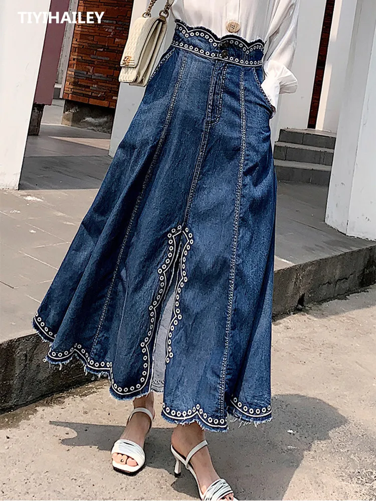 TIYIHAILEY Free Shipping New Fashion Long Maxi Denim Jeans Skirts For Women S-XL Spring Summer High Waist Embroidery Slit Skirts