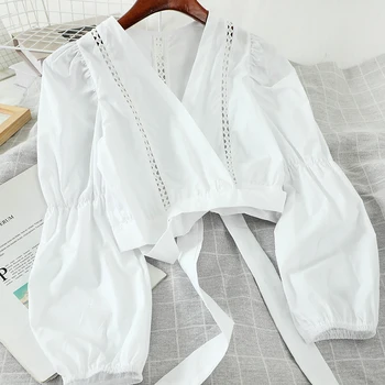 

bandage solid women blouse summer new v-neck lantern sleeved solid short high waist lady elegant pulls outwear tops