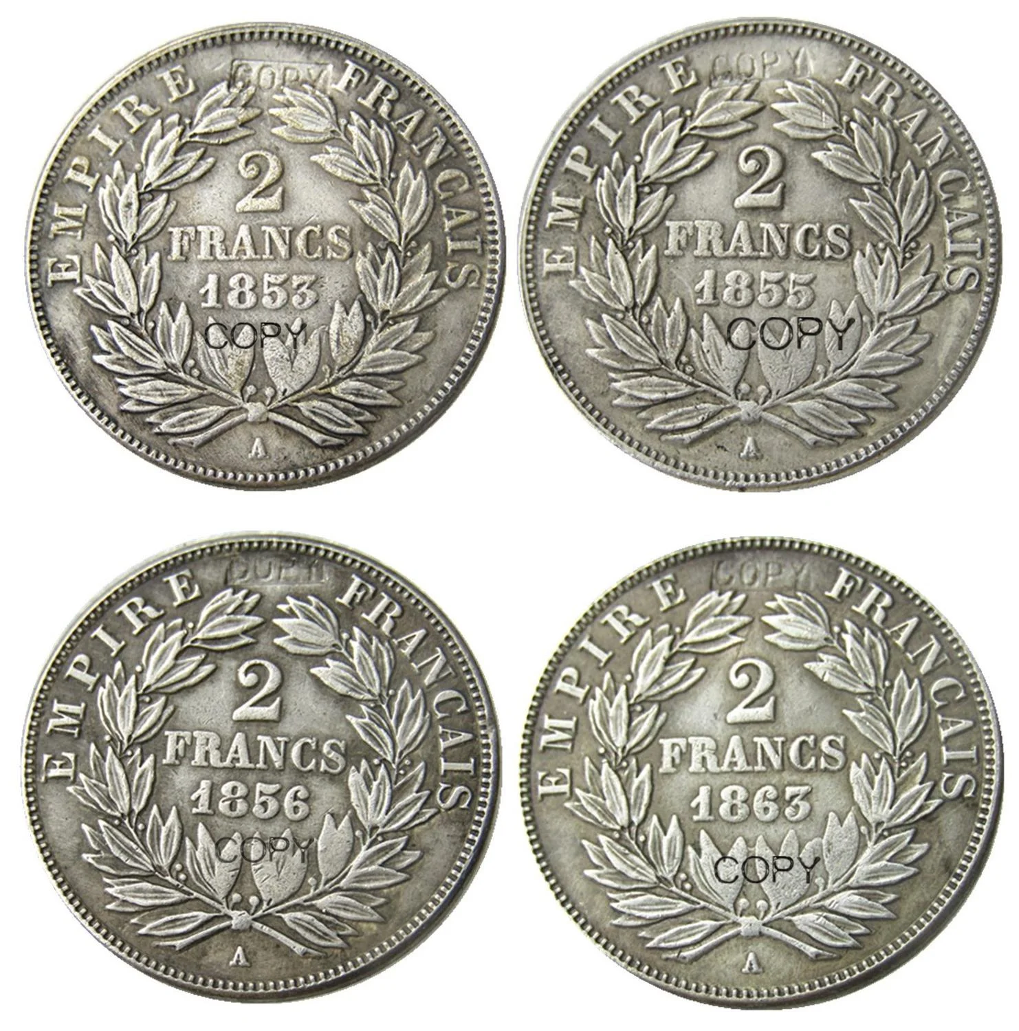 Франция набор(1853-1863A) 4 шт 2 Франка посеребренные копии монет
