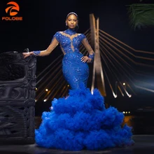 Великолепное платье русалки для выпускного вечера, кружевное платье с аппликацией, плиссированное платье со шлейфом и длинным рукавом, вечерние платья, Королевский синий цвет, Vestidos