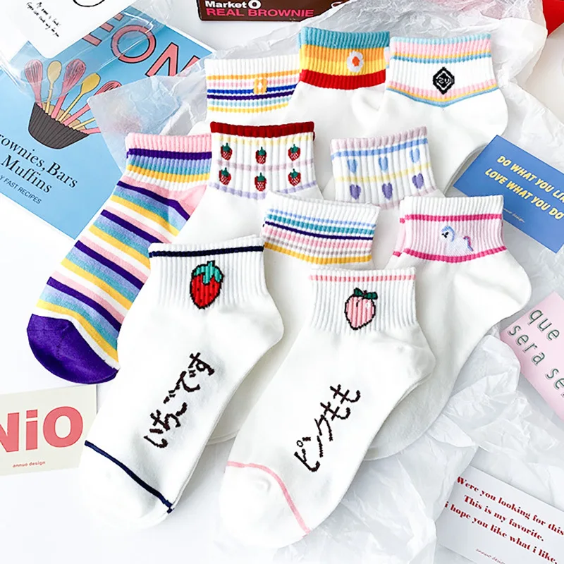 

women Rainbow socks summer thin ins trend Japanese cute ladies cotton college style wild striped socks