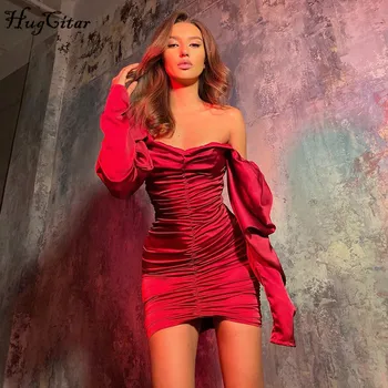 Hugcitar 2019 long puff sleeve slash neck satin pleated sexy mini dress autumn winter women