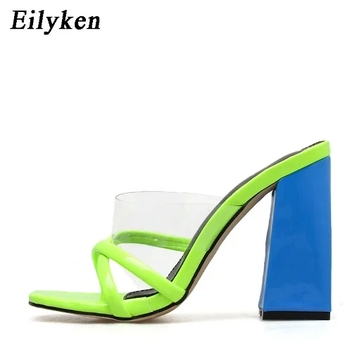 Fluorescent Green Eilyken/ г.; модные пикантные прозрачные женские шлепанцы из ПВХ под змеиную кожу; вечерние туфли на каблуке; женские сандалии-гладиаторы без задника - Цвет: Fluorescent Green