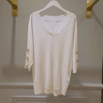 

Button decoration half Sleeve V-neck women knitted sweater straight knitted pullover tops spring summer new
