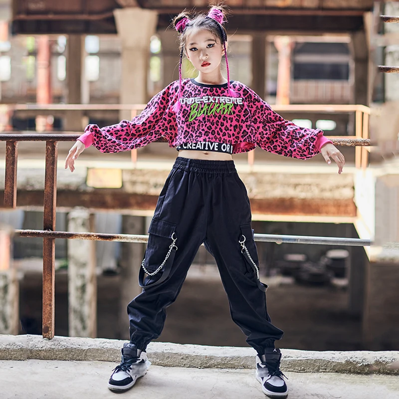 New Jazz Dance Costume Kids Girls Pink Leopard Top Long Sleeves Casual Cargo Pants Hip Hop Dance Clothes Street Rave Wear BL7337