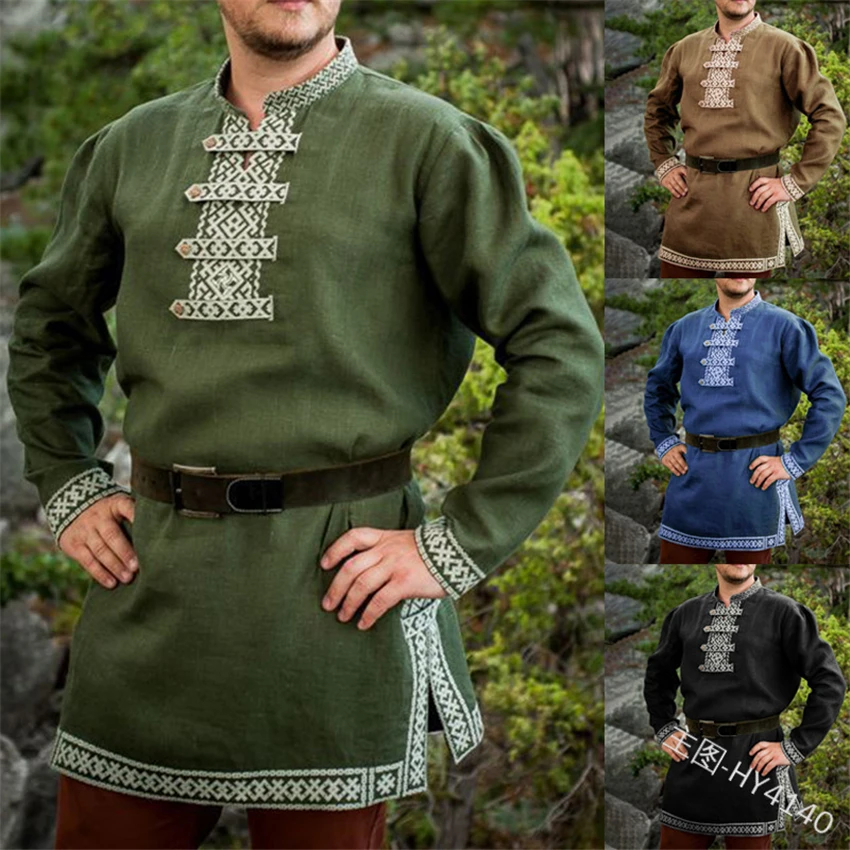 

Man Medieval Vintage Shirts Renaissance Knight Pirate Performance Cosplay Costumes Retro Printed Stand Collar Split Tops