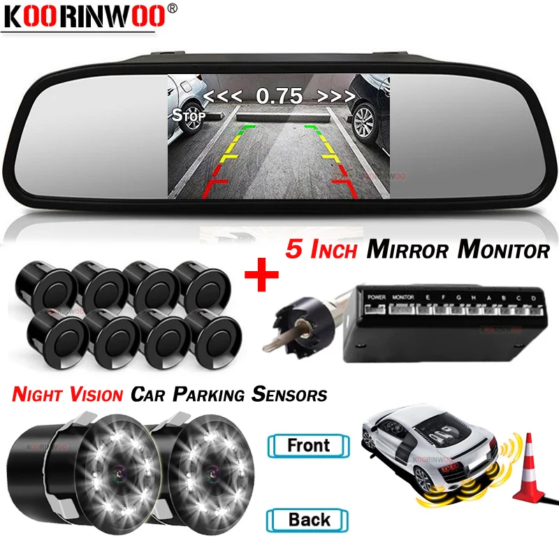 

Koorinwoo LCD 5" Mirror Smart System for HD Parking Sensor 8/4 Radar Front Camera Rear View Cam Sounds System Parking Assistance