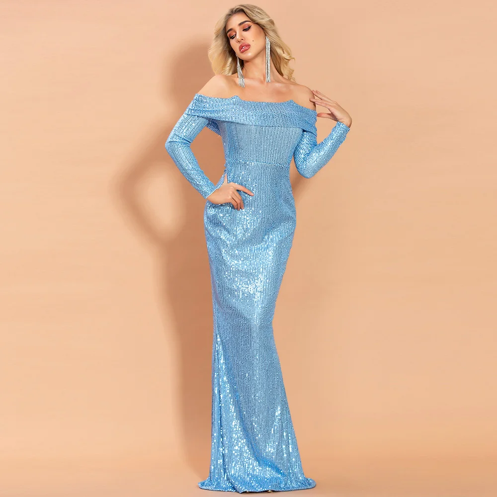 

Yesexy 2020 Elegant Slash Neck Long Sleeve Sequins Women Maxi Dresses Bodycon Off the Shoulder Women Party Dresses VR20088